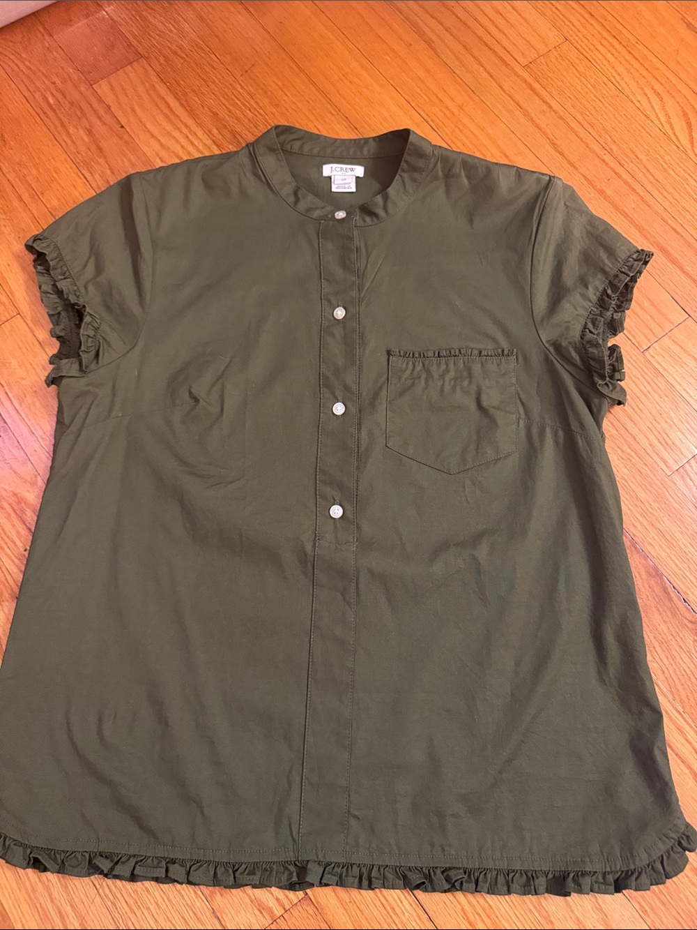 J. Crew Olive Green Short-Sleeve Button-Front Shirt with Ruffle Trim